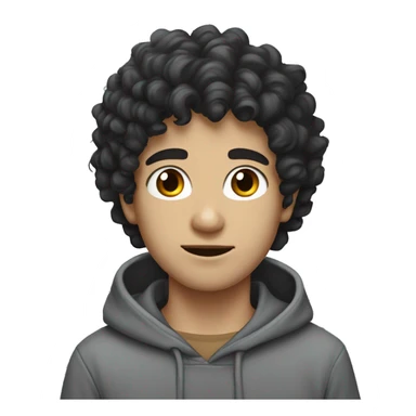 a white boy with black curly hair dark eyes grey hoodie  sticker