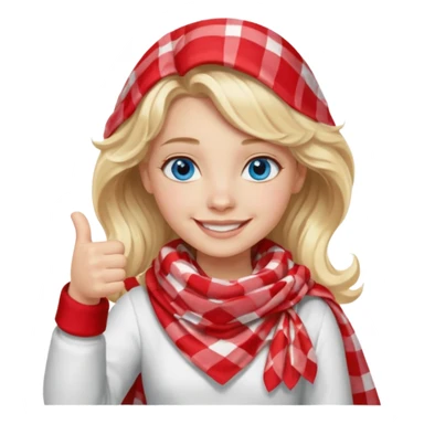 Blonde Girl Model, Blue Eyes, wavy hair, smiling, thumbs up, wearing red Checkered Triangle scarf, white dress sticker