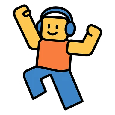 roblox character, blocky avatar, with headphones, energetic stance, color outline icon style sticker