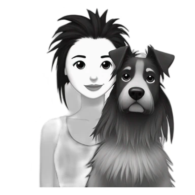 a dog and a girl with black spiky hair looking at each other in style of ((sarah andersen)), black and white sticker