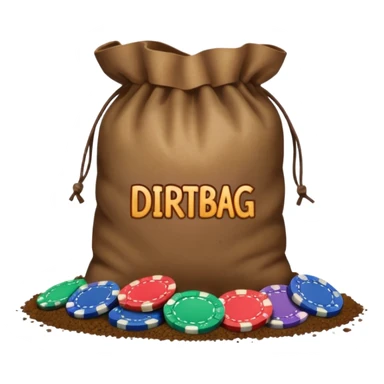Create a bag of dirt that says dirtbag with poker chips around it sticker