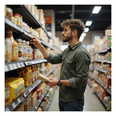 realistic 28-year-old man grocery shopping choosing only gluten-free products, checking labels, supermarket sticker