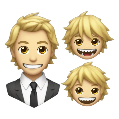 Denji with his blond hair in a shaggy style, brown eyes, with his shark teeth, is smiling evil and with a shirt with a black tie but without a suit from chainsawman sticker