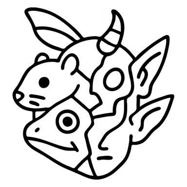 a red fragmented collage with clear dividing lines between pieces: stoat face section, minotaur skull section with broken horn, frog eye/mouth section, elf ear/features section, cat whisker section, and moth wings extending from the back of the head, arranged in an irregular shape with deliberate line splits, worn and scratched appearance sticker