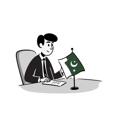 Pakistani diplomat at international conference with Pakistan flag on table sticker