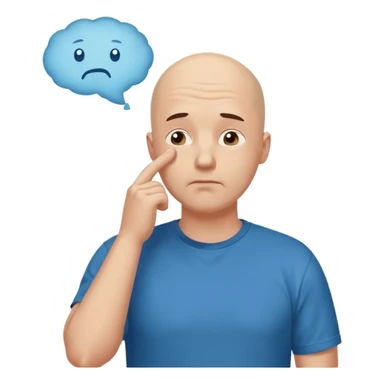 bald man with t-shirt, doubting face, hand on chin looking up, thought bubble sticker