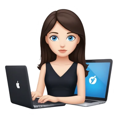 A brunette woman, with blue eyes, with a Laptop, wear a Black dress sticker