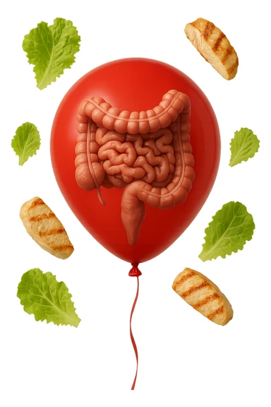 intestino anatomico realistico chiuso in un palloncino rosso e foglie di insalata e petto di pollo grigliato che fluttuano intorno sticker