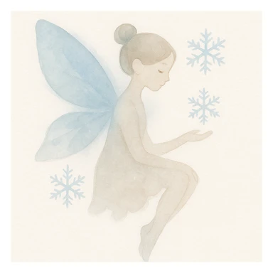 winter fairy with icy blue wings, snowflake patterns, and a frosty glow, delicate watercolor style sticker