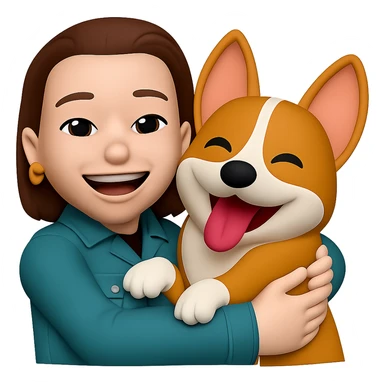 change the color of her jacket to cold teal while she is hugging a corgi dog, keep the golden ring earrings, same style sticker