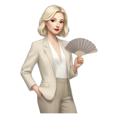 pale skin woman with ash blonde Straightened bob Hair, White Spacious classical jacket, beige palazzo Arrow pants and gray blouse holding a fan color palette in the hands sticker