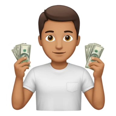 an American man with money in his hands wearing a T-shirt sticker