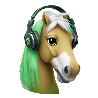 emoji of a green hobby horse with white hair, and dj headphones on. it’s face is made of combination of laughing emoji and kissing emoji  sticker