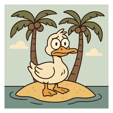 cartoon of a duck standing on an island with two coconut trees, simple and bold lines, flat toon style sticker