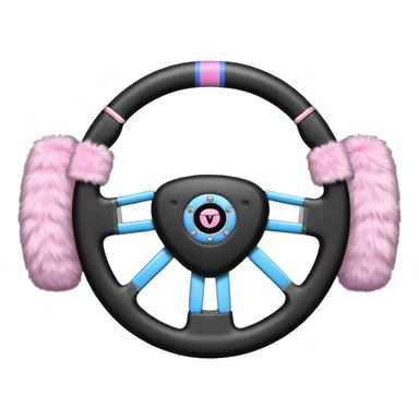 steering wheel with transgender pride flag colors and strifes , with fluffy pink handcuffs sticker