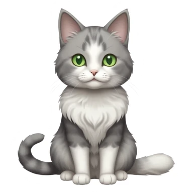 full body view of beautiful female grey cat with green eyes, white paws and white chest sticker