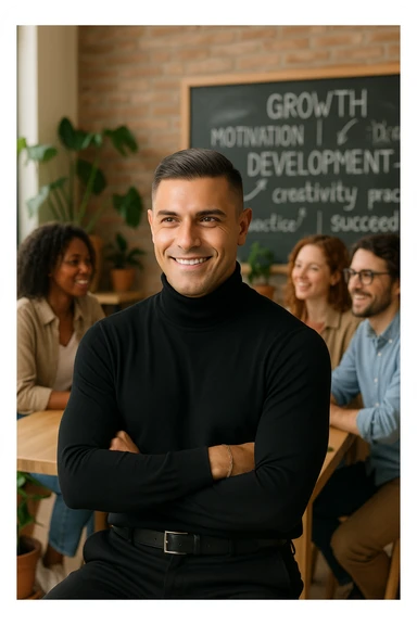 A confident man sitting in a cozy, modern coworking space, surrounded by positive, driven people engaged in creative conversation. He listens, learns, and occasionally smiles, visibly elevated by their presence. Behind him, a chalkboard or whiteboard with empowering words and ideas. The environment is filled with natural light, plants, and soft wooden textures. The atmosphere suggests emotional growth, support, and personal development. sticker