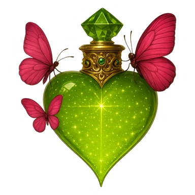 Adjust the bottle shape so the bottom ends in a sharp heart point, exactly like in the reference image, not flat or like a standing object. Keep the same composition and number of pink butterflies, #c0ff53 glitter liquid, magical dust, crystal neck, and all the luxurious golden details and gemstones. Maintain a transparent background as PNG. sticker