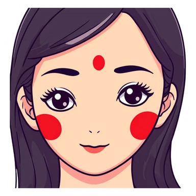 White girl with long oval shaped face, large almond shaped eyes with long eyelashes, long straight black hair falling in front of her bare shoulders, face closeup, with red and white gopi dots decorating her forehead above eyebrows sticker