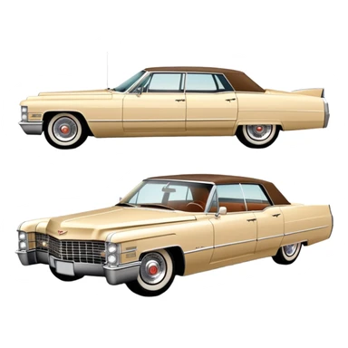 Beige 1966 Cadillac DeVille, 30-degree three-quarter view showing front and side, accurate vintage luxury car proportions, detailed front grille and headlights, from Once Upon a Hollywood movie, iOS emoji style sticker