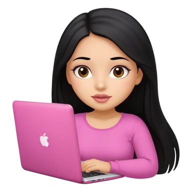 Cute adorable latina girl, straight long black hair, big eyes, plumpy big lips, working with laptop, wearing pink top sticker