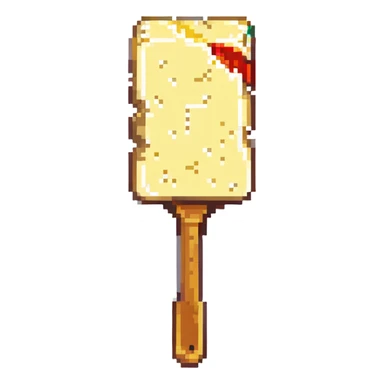 a slice of butter holding up an auction paddle, actively bidding, pixel art style sticker