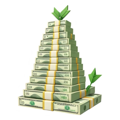 upward arrow next to gradually increasing stacks of dollar bill bundles, showing financial growth sticker