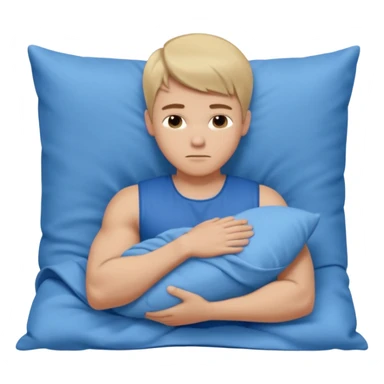 A young muscular male with short dark-blonde hair, medium-light skin, and a neutral expression, dressed in blue cloth. He lies on his side, arms around a soft white pillow, with his head on a smooth blue pillow. A flowing blue blanket covers him in silky folds. sticker