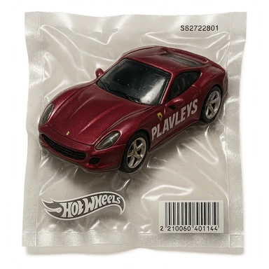 burgundy Hot Wheels Ferrari toy car with 'PLAVLEYS' lettering on the body, shiny and inflated, vacuum-sealed style sticker
