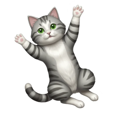 grey and white cat with green eyes doing a big extremely long stretch reaching up into the air with arms and legs side by side together straight and overextended whilst lying on its side sticker