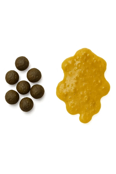 feci di animale a palline viste dall'alto e feci di animale liquide e gialline viste dall'alto, iperrealistico 4k sticker