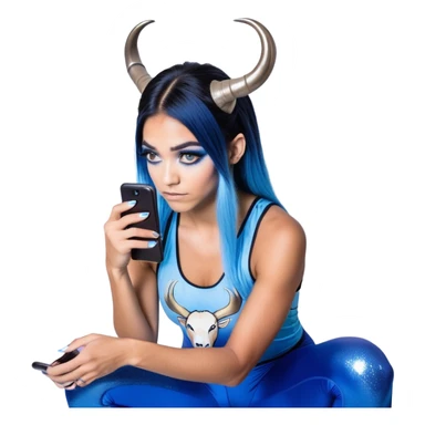 Disapponted-big tears-head back texting on phone-very very large upper body-sexy face-bending forward at waist-very long very straight dark blue to light blue ombre hair-and-blue eyes-thick black eyeliner-goat antlers-iridescent blue lowcut tanktop with black leggings with glitter superman logo sticker
