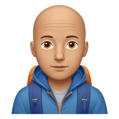 uomo con il centro della testa pelato e il resto medi marroni con un giubbotto blu e che si vedano le bretelle dello zaino arancione  sticker