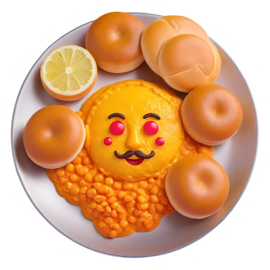 3D emoji style pav bhaji on stainless steel plate, orange-red bhaji with melting butter, two buttered pav buns, onions, lemon wedge, bright colors, soft shadows, isometric or top-down view, warm background sticker