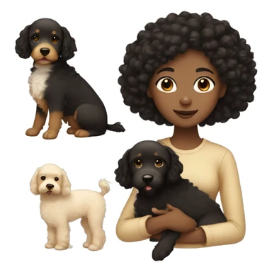 Black hair girl with brown eyes holding a beige golden doodle sticker