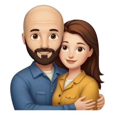 Couple. Bald man with dark brown-black beard. White woman with many small, faded freckles, she has white skin and she has auburn-yellow-brown-cinnamon, dark long hair. She has light brown eyes. The man have hazel eyes. Retro style. They hug. sticker