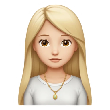 "Cartoon emoji of a girl with long, straight blonde hair, fair skin, soft brown eyes. Wearing a white top with a delicate necklace, serene expression, calm and peaceful. Smooth, simple, stylized." sticker