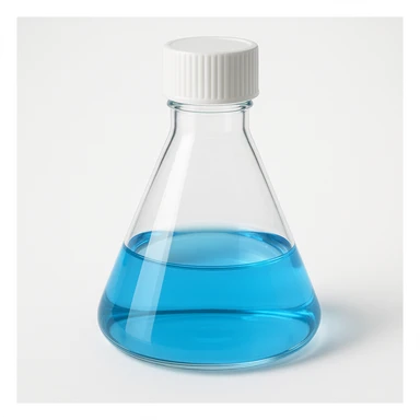 a laboratory culture flask, transparent glass, with blue liquid inside, simple and clear design sticker
