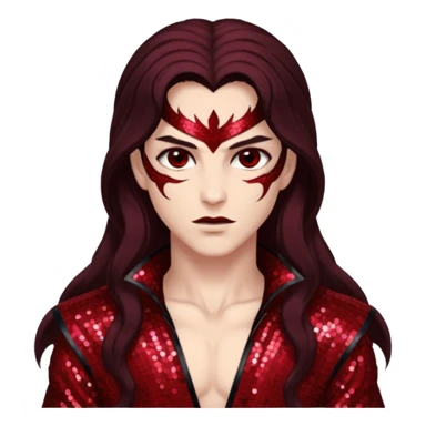 Samael, Venom of God from Gods and Goddesses with long dark brown hair, dark red sequin outfit sticker