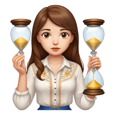 A Ukrainian girl with brown hair wearing a white embroidered shirt holds an hourglass in her hands sticker