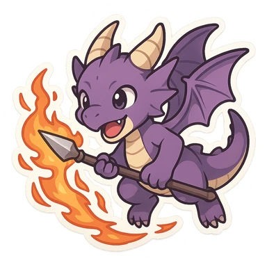 purple dragon in chibi anime style, wielding a spear engulfed in flames, action scene, playful sticker