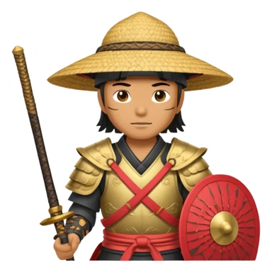 Samurai with straw hat, Warrior in armor holding wide hat sticker