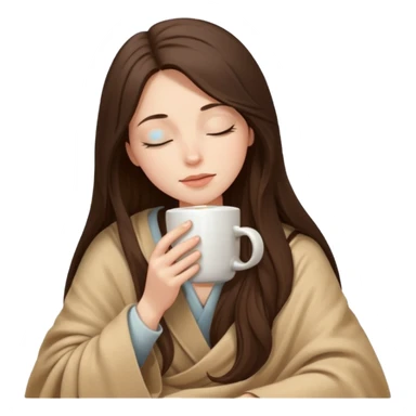 Brunette girl long hair inside a beige blanket sipping coffee eyes closed sticker
