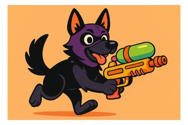 playful black German Shepherd in a ski mask, gripping a colorful water gun, cartoon style sticker