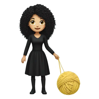 woman with long black curly hair holding one ball of yarn wearing black clothes sticker
