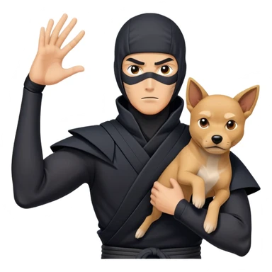 clash-of-clans-aesthetic_-cinematic-mysterious-male-ninja-portrait-emoji, rendered in a flat, vector-style with minimal shading and bold, simplified shapes, his arm is stretched out  with a head slightly turned revealing intense, focused eyes. the ninja is accompanied by a Ninken dog sticker