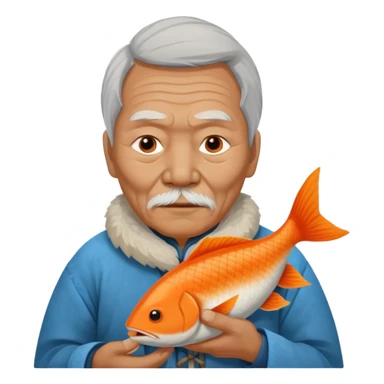 old inuit man with traditional inuit clothes and orange fish sticker