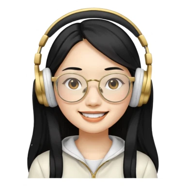 generate an asian female with long black hair, golden rim glasses, and a white headphones sticker