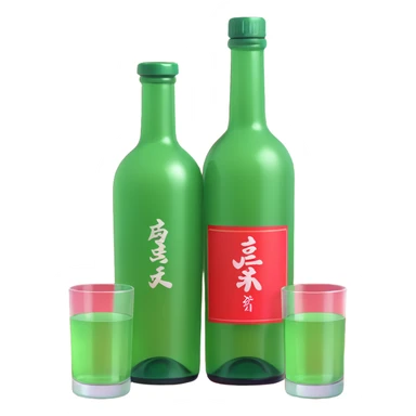 apple style 3D emoji of a green soju bottle and a small glass, shiny, soft shading sticker