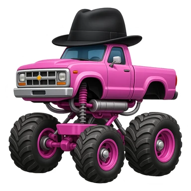 Big car monster truck, apple style emoji, pink, with a hat sticker